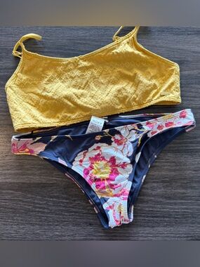 Roxy Navy Floral Bikini Bottoms with Pink and Yellow Accents